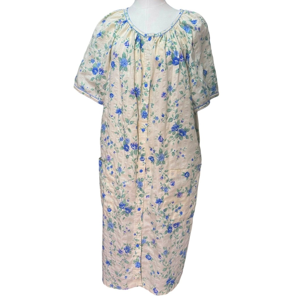 VTG Smart Time Floral Housecoat Dress 1X Snap Front Duster Muumuu Cottagecore